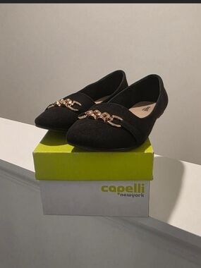 Capelli of New York Black Pointed Toe Flats with Gold Chain Accent